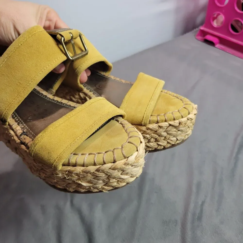 Naughty‎ Monkey Womens Espadrille Wedge Sandals Size 8.5 Yellow Suede & Raffia
